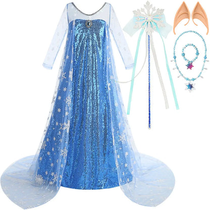 New Sequined Blue Elsa Party Dress For Girl Role Play Princess Apparel Toddler up Birthday Festival Carnival Apparel Accessories