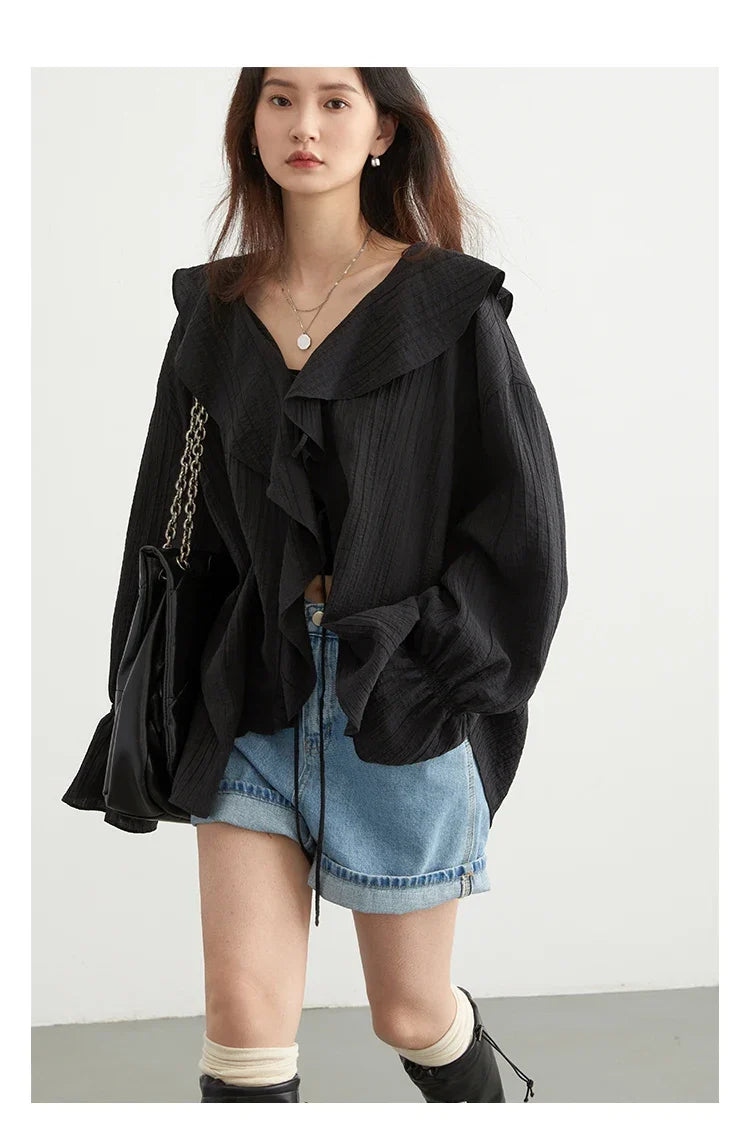 Women Shirt Loose Casual Ruffled Edges Female Blouses Solid V Neck Lace Up Mid Length Ladies Shirts Spring Summer 2026