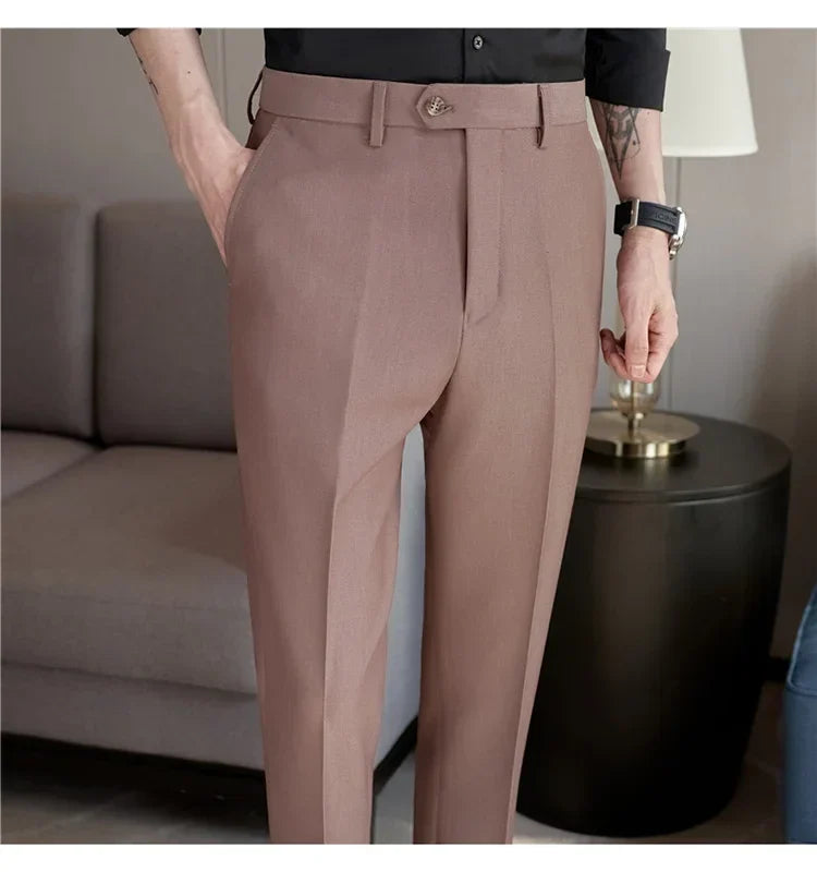 2024 New Men's Slim Fit Tapered Dress Pants Apricot Pearlescent Texture Business Casual Suit Trousers Spring Clothes