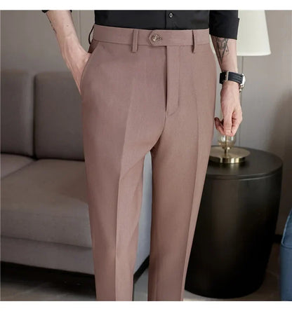 2024 New Men's Slim Fit Tapered Dress Pants Apricot Pearlescent Texture Business Casual Suit Trousers Spring Clothes