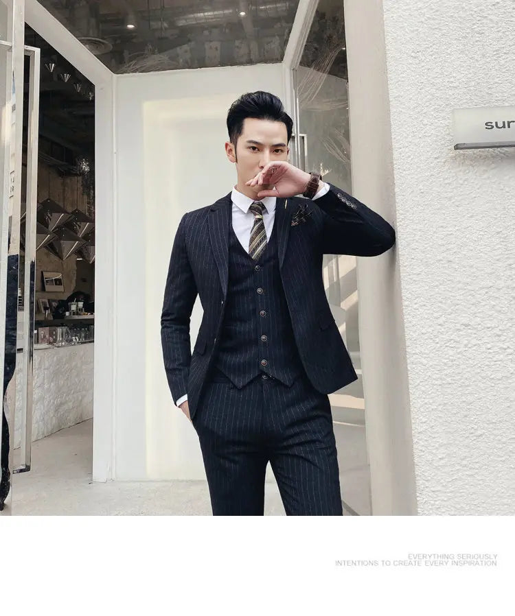 (Blazer+Vest+Pants) 2024 New Striped  Wedding Suits  for Men Three Piece Business Casual Party Multi-Occasion Slim Dress