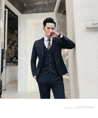 (Blazer+Vest+Pants) 2024 New Striped  Wedding Suits  for Men Three Piece Business Casual Party Multi-Occasion Slim Dress