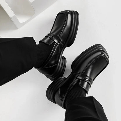 Men Zipper Patent Leather Increase Loafers Shoe Japan Korean Streetwear Fashion Thick Sole Platform Vintage Style Leather Shoes