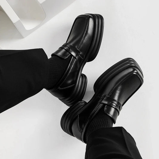 Men Zipper Patent Leather Increase Loafers Shoe Japan Korean Streetwear Fashion Thick Sole Platform Vintage Style Leather Shoes