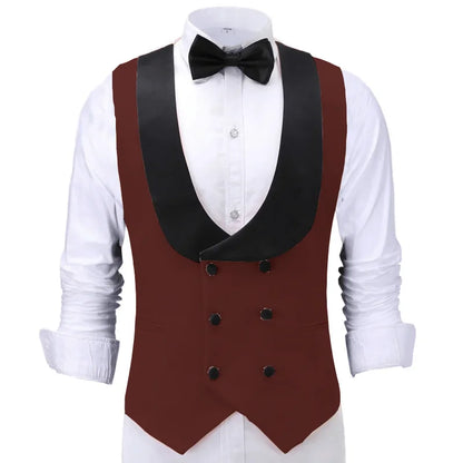 Men Vest Beige With Black Lapel Double Button Waistcoat For Banquet Birthday Wedding Business Work Formal Set Men Suit Vest