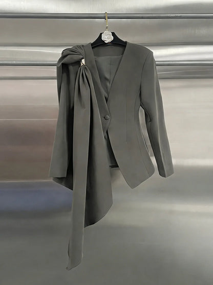Elegant Waist-Tie Blazer Jacket Women Bowknot Office Suit Top Chic Designer Small Brand Fashion Outerwear