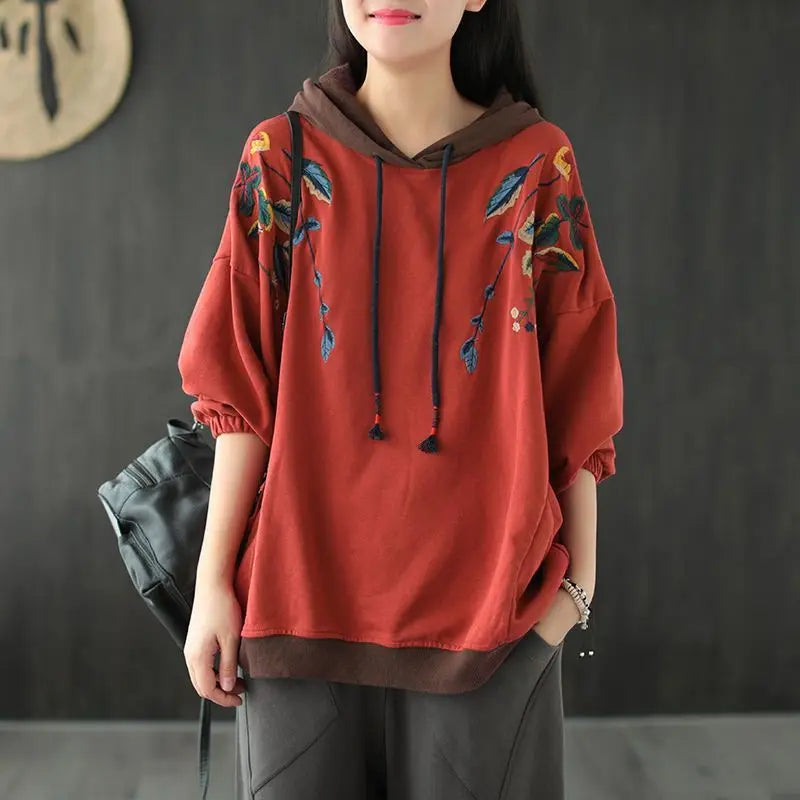 Brown Hoodies Embroidered Female Clothes Hooded Red Sweatshirts for Women Loose Green Baggy Tops Aesthetic Thick Goth Trend Emo