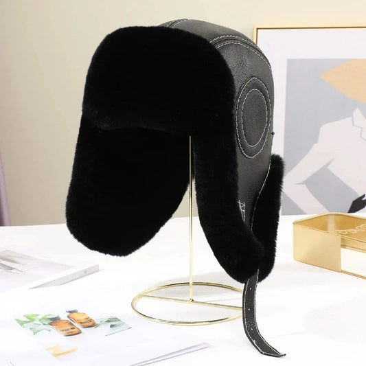 2026  Winter Men's 100% Real Rex Rabbit Fur Bomber Hat Ushanka Cap Trapper Russian Man Ski Hats Caps Real Sheepskin Leather