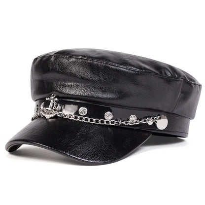 Fashion Women Large Belt Buckle Leather Hat Spring Autumn Sailor Hats Black Ladies Beret Caps Men Flat Top Captain Military Caps