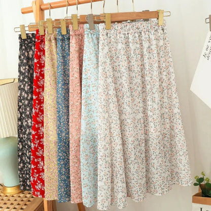 Women Chiffon Midi Skirt Korean Fashion Floral Loose Skirts High Waist Female Casual All Match A Line Skirts Summer New