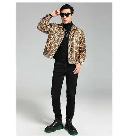 Autumn Short Handsome Cool Colorful Snakeskin Print Pu Leather Jacket Men Luxury European Style Clothes 2023 EU Size