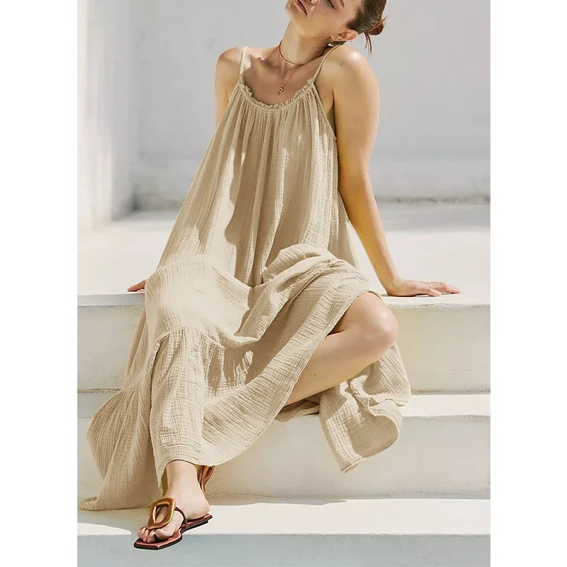 Muslin 100% Cotton Summer Dress Woman 2026 Trendy Sexy Sleeveless Ruched Long Maxi Party Dresses Chic Sundress