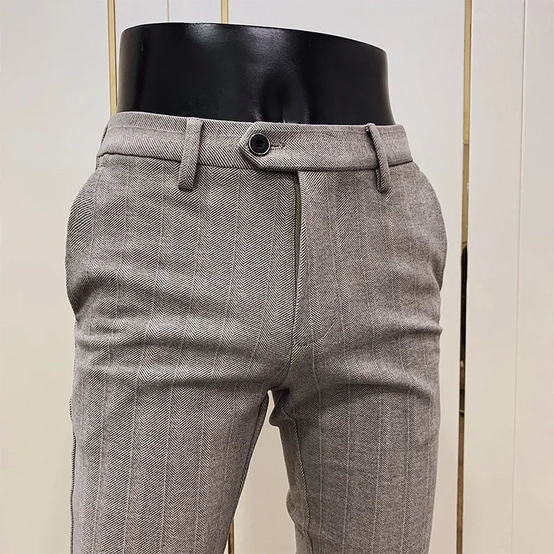 Autumn Winter Striped Woolen Cloth Suit Pants Men Casual Slim Straight Warm Trousers Formal Business Social Office Dress Pants