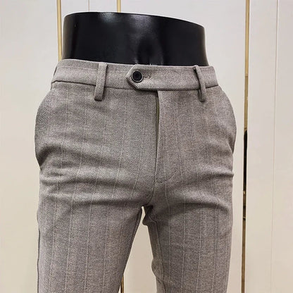 Autumn Winter Striped Woolen Cloth Suit Pants Men Casual Slim Straight Warm Trousers Formal Business Social Office Dress Pants