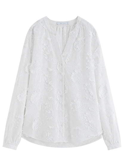 2026 New Spring Summer Women's 3D Jacquard Round V-Neck Blouse Long Sleeve Office Shirt for Quiet Minimalist Commute Top