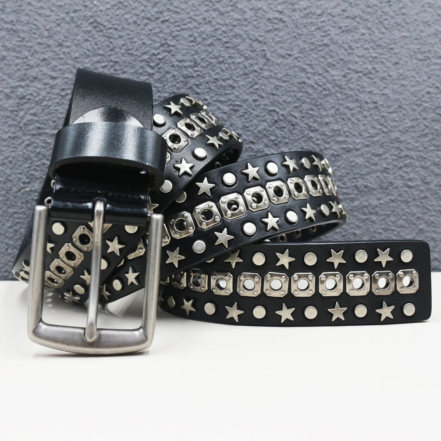 Rock Genuine Leather Luxury Punk Belt Jeans Heavy duty Hollow manual  Designer Brand Belt Men Rivet Three-pin buckle Belt Male