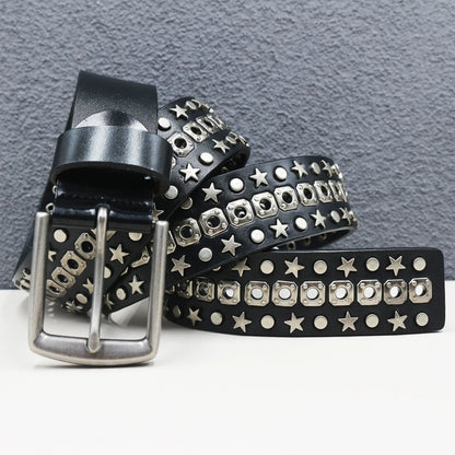 Rock Genuine Leather Luxury Punk Belt Jeans Heavy duty Hollow manual  Designer Brand Belt Men Rivet Three-pin buckle Belt Male