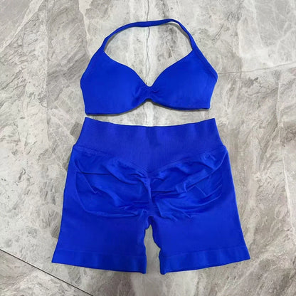 Yoga Gym Set Women Seamless Strappy Yoga Bra Top High Waist Workout Scrunch Shorts Sports Set Fitness Clothes Sportswear