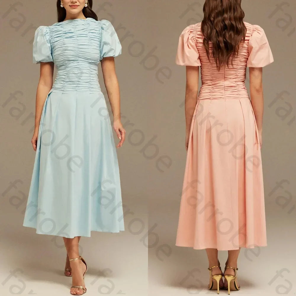 Customize Draped Top Short Sleeve Midi Dress A-Line Evening Dresses Formal Exquisite High Quality Prom Party Gowns for Women
