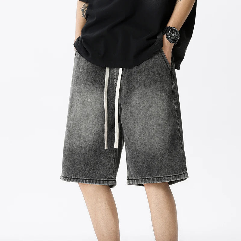 Casual Denim Shorts Men Elastic Waist Straight Comfortable Light Blue Soft Short Pants Baggy Wide Bermuda Male Jeans