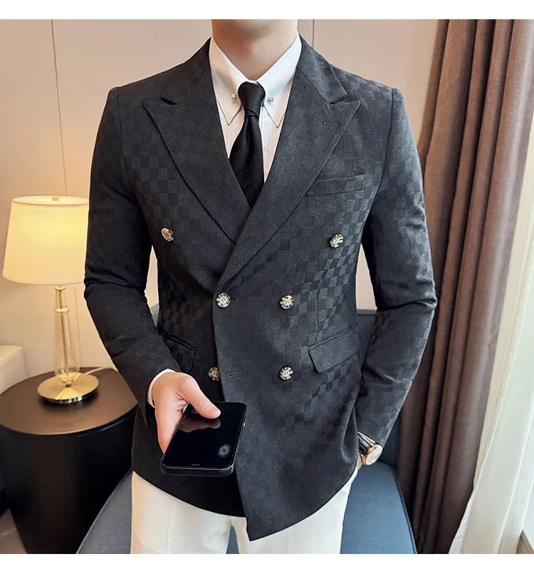 6 Color Luxury Double Breasted Blazers Coats 2024 New Fashion Checkered Business Slim Fit Social   Formal Suit Jacket 5XL-M