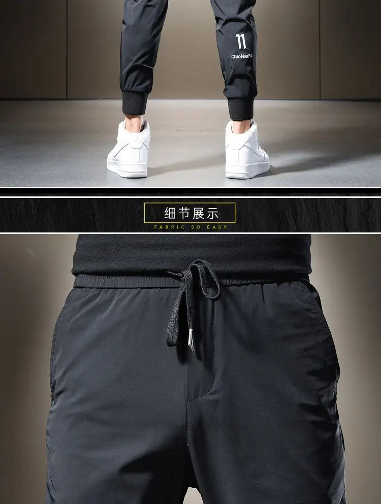 Summer 2023 Men's Casual Pants Black Grey Drawstring Joggers Lightweight Breathable Quick Dry Trousers Ice Silk Sportswear Man