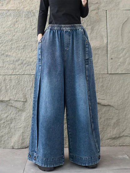 2026 Spring Fashion Classic Denim Pants Ladies Vintage Soild Casual Jeans Women Loose Elastic Waist Wide Leg Trousers