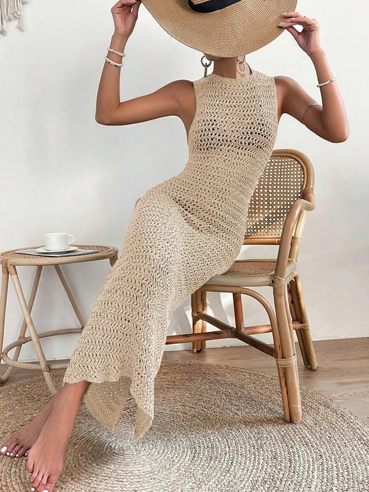 Fashionable and Elegant Hollow Out Dress with Round Neck and Waist Clip Skirt, Sleeveless Slim Fit Woolen Dress for Women