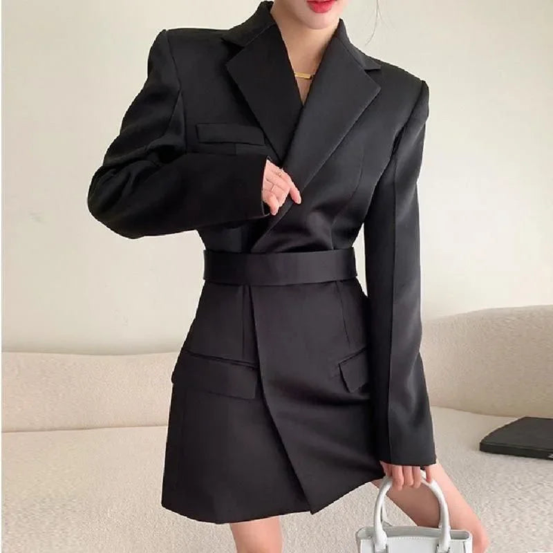 Autumn New High End Waist Slim Blazer Jacket Women Casual British Mid Length Black Suit Coat Woman Elegant Chic Office Blazers