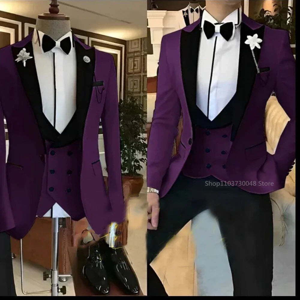 Solid Men's 3 Pieces Suit One Button Peak Lapel Jacket Vest Trousers Dinner Wedding Groom Tuxedos Slim Fit Formal Business Suits