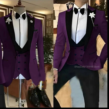 Solid Men's 3 Pieces Suit One Button Peak Lapel Jacket Vest Trousers Dinner Wedding Groom Tuxedos Slim Fit Formal Business Suits