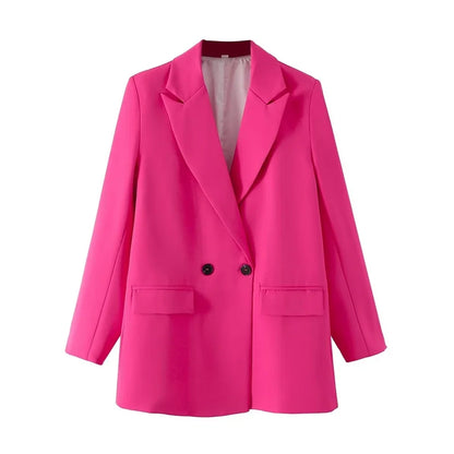 Women Chic Office Lady Double Breasted Blazer Vintage Coat Fashion Notched Collar Long Sleeve Ladies Outerwear Stylish Tops