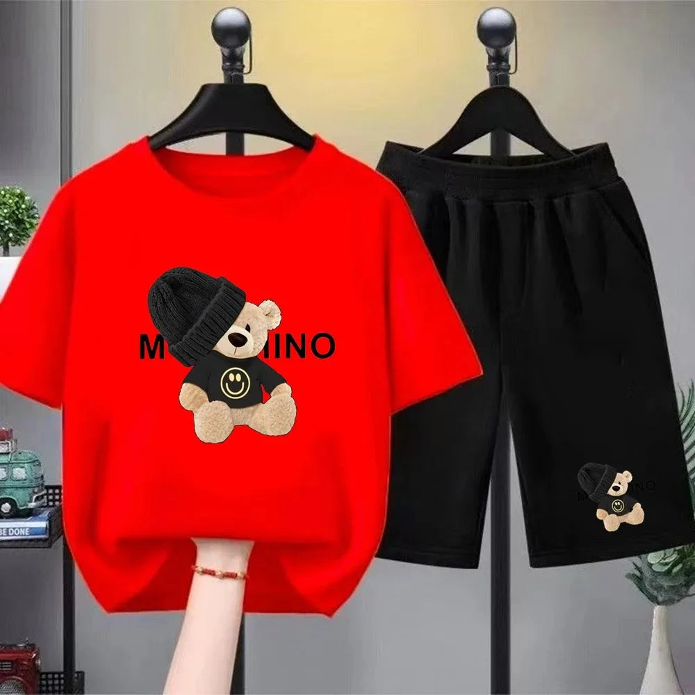 Children's Fashion Summer Clothes Set Loose Fit Cotton Tee + Elastic Waist Shorts for Boys Girls Outdoor Wear