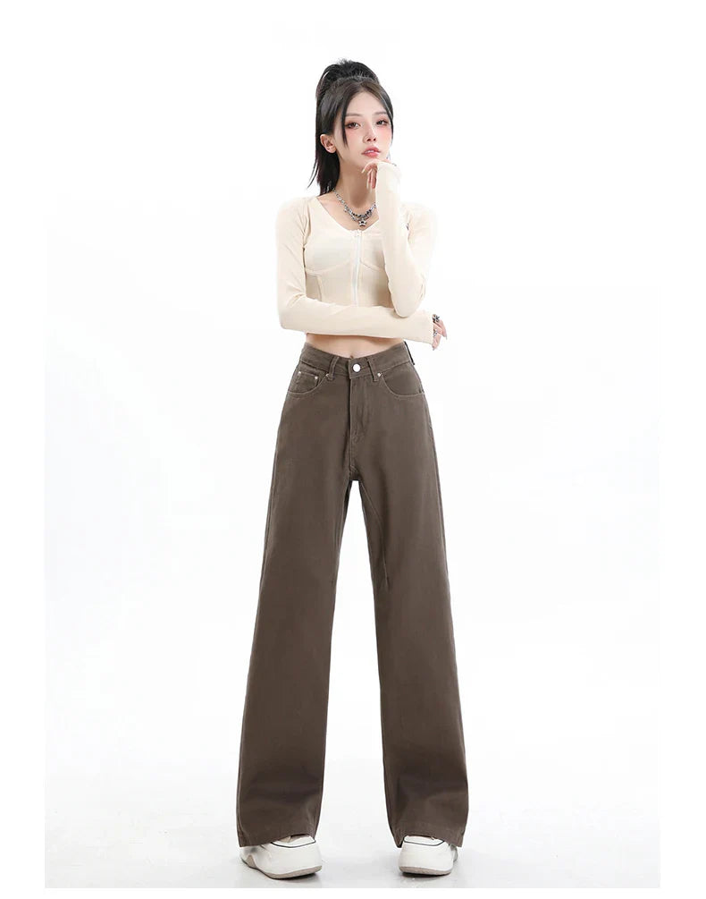Baggy High Street Fashion Straight brown Jeans for Women's Y2k High Waist Female Clothing Solid Color Casual Wide Denim Trousers