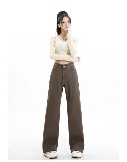 Baggy High Street Fashion Straight brown Jeans for Women's Y2k High Waist Female Clothing Solid Color Casual Wide Denim Trousers