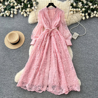 High-End Women's Dress Heavy Embroidery A-Line Long Skirt V-Neck Lantern Sleeve Single Button High Waist Korean Style Commute
