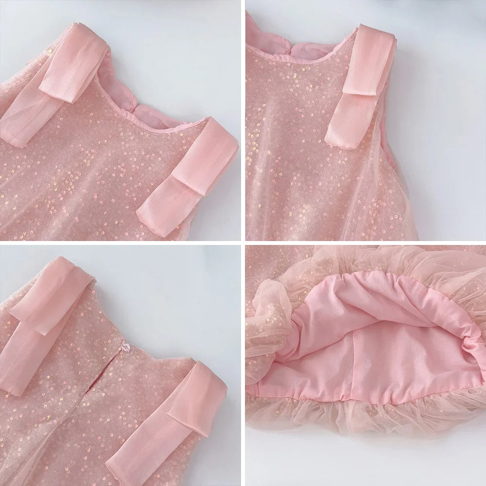Summer New Girls' Sequined Lace Bow Bubble Princess Dress Korean Version Fashionable Solid Color Kids Clothes 2-7 Years Old