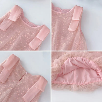Summer New Girls' Sequined Lace Bow Bubble Princess Dress Korean Version Fashionable Solid Color Kids Clothes 2-7 Years Old