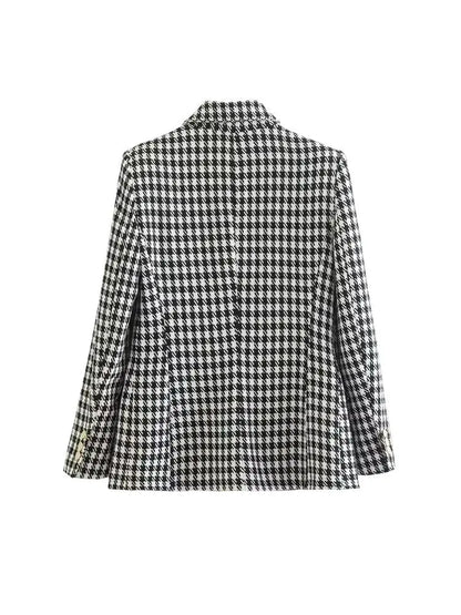 Women Fashion Double Breasted Houndstooth Blazer Coat Vintage Long Sleeve Flap Pockets Female Outerwear Chic Vestes