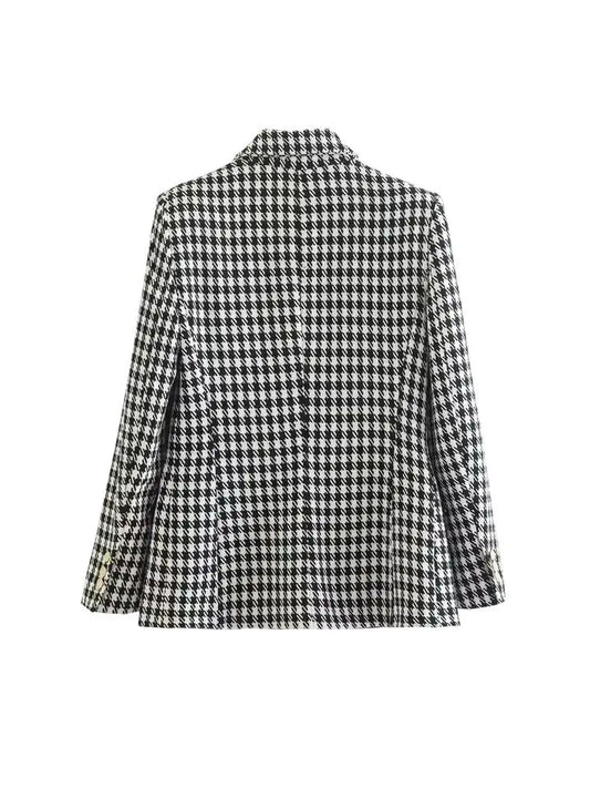 Women Fashion Double Breasted Houndstooth Blazer Coat Vintage Long Sleeve Flap Pockets Female Outerwear Chic Vestes