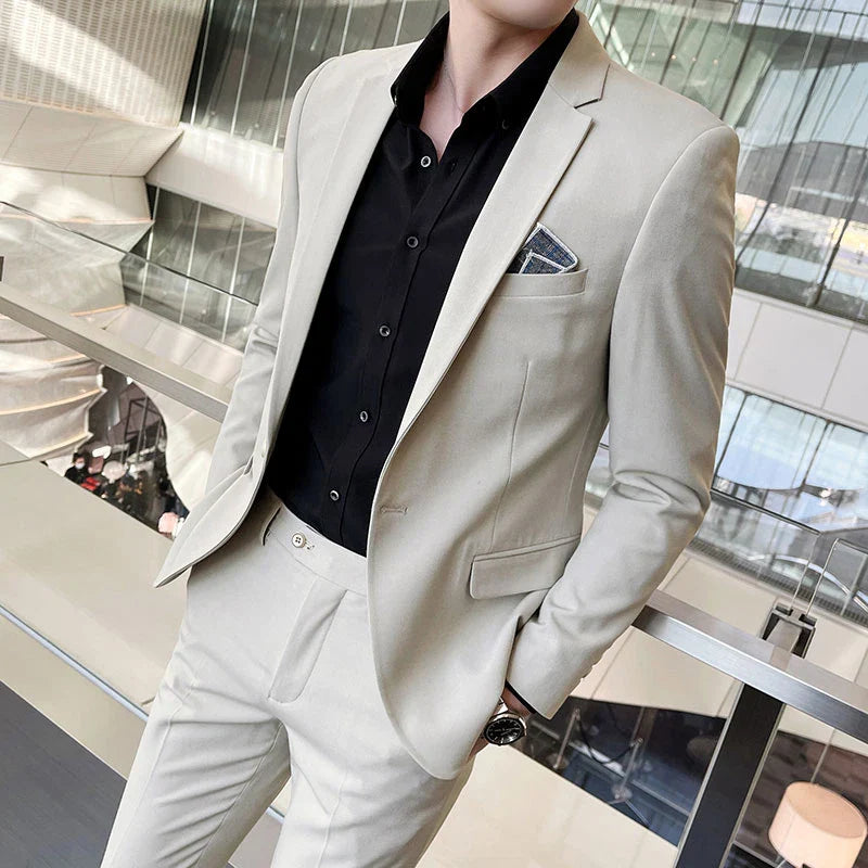 Men's Stylish Handsome Solid Color Suit Two-Piece Set M-4XL High Quality Formal Casual Banquet Fit Trousers Included