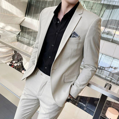 Men's Stylish Handsome Solid Color Suit Two-Piece Set M-4XL High Quality Formal Casual Banquet Fit Trousers Included