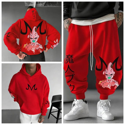 Majin Buu Hoodie Pants Set Anime Cotton Loose Fit Graphic Print Streetwear Casual Sweatshirt Joggers Japanese Cartoon Character