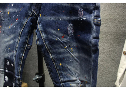 Street Fashion Men Jeans Retro Blue Stretch Slim Fit Spliced Ripped Jeans Men Painted Designer Hip Hop Vintage Denim Pants Homme