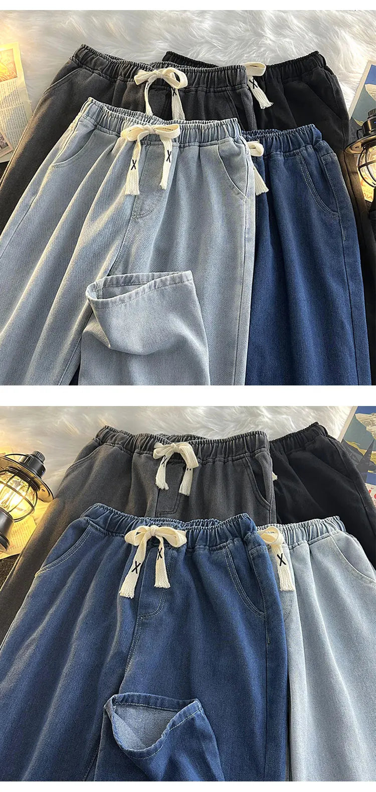 Casual Loose Straight Leg Men's Jeans Drawstring Elastic Waist Wide Leg Long Trousers High Street Fashion Denim Pants