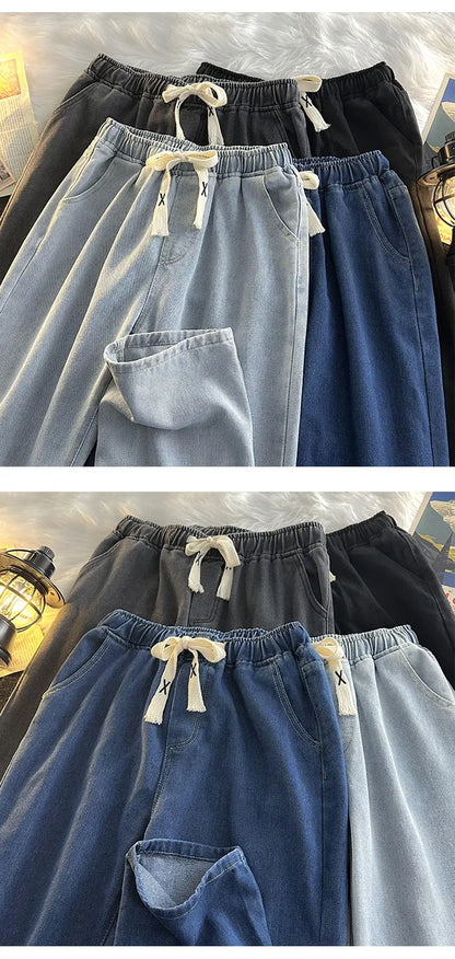 Casual Loose Straight Leg Men's Jeans Drawstring Elastic Waist Wide Leg Long Trousers High Street Fashion Denim Pants
