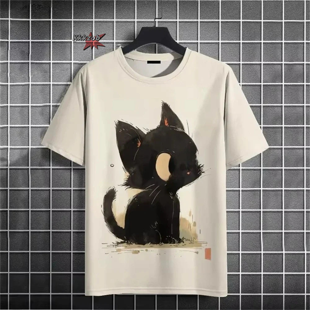 Japanese Ukiyo-E Cute Cat Pattern Round Neck Men's Short Sleeved Daily Oversized T-Shirt Harajuku Y2k T-Shirt T-Shirt Men Top