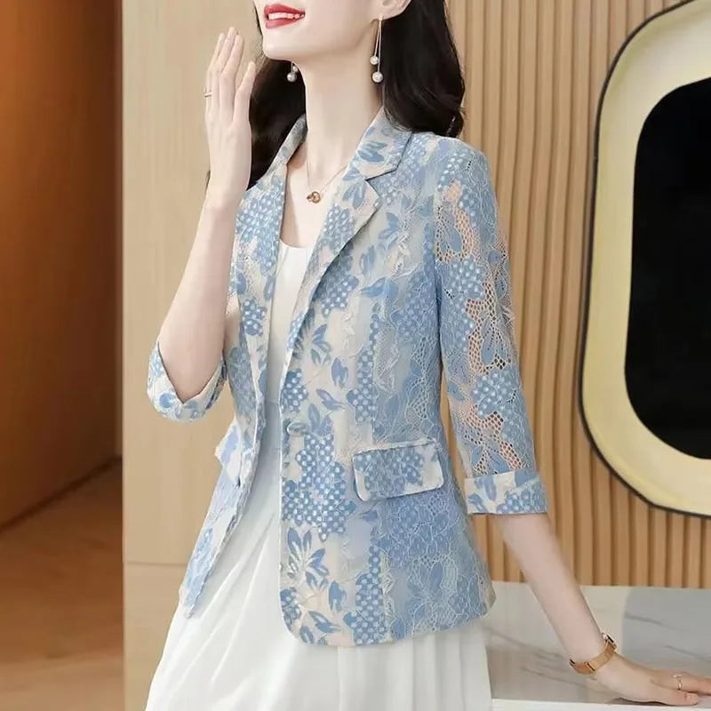 Lace Small Blazer Coat Women's 2025 Spring Summer Korean Version Fashion Ladies Elegant Casual Temperament Female Blazer Jacket