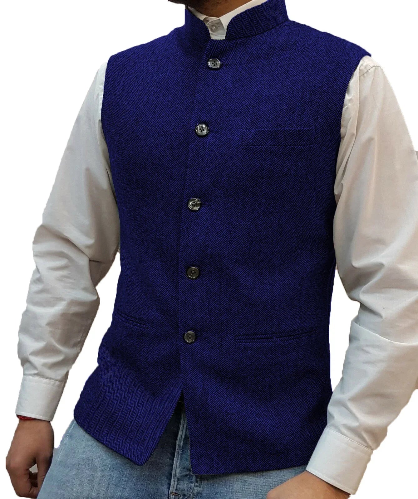 Mens Retro Vest Herringbone Wool Blended Smart Casual Stand Collar Single Breasted Waistcoat Adjustable Buckle Men's Suit Vest