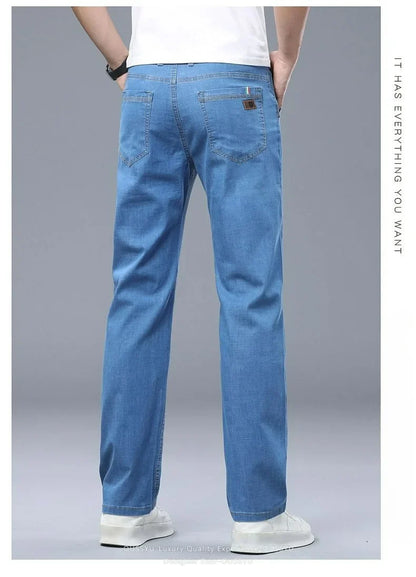 Summer Thin Men's Elastic Cotton Jeans Fashion Business Straight Casual Denim Pants Male Work Clothes Slim Trousers Plus Size 40